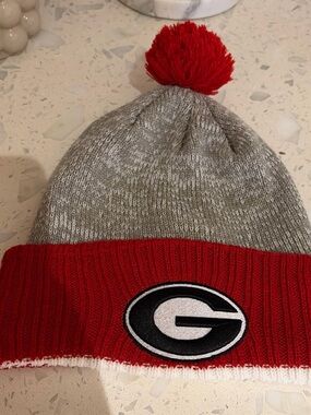Men's Gray and Red Pom Beanie with G Patch